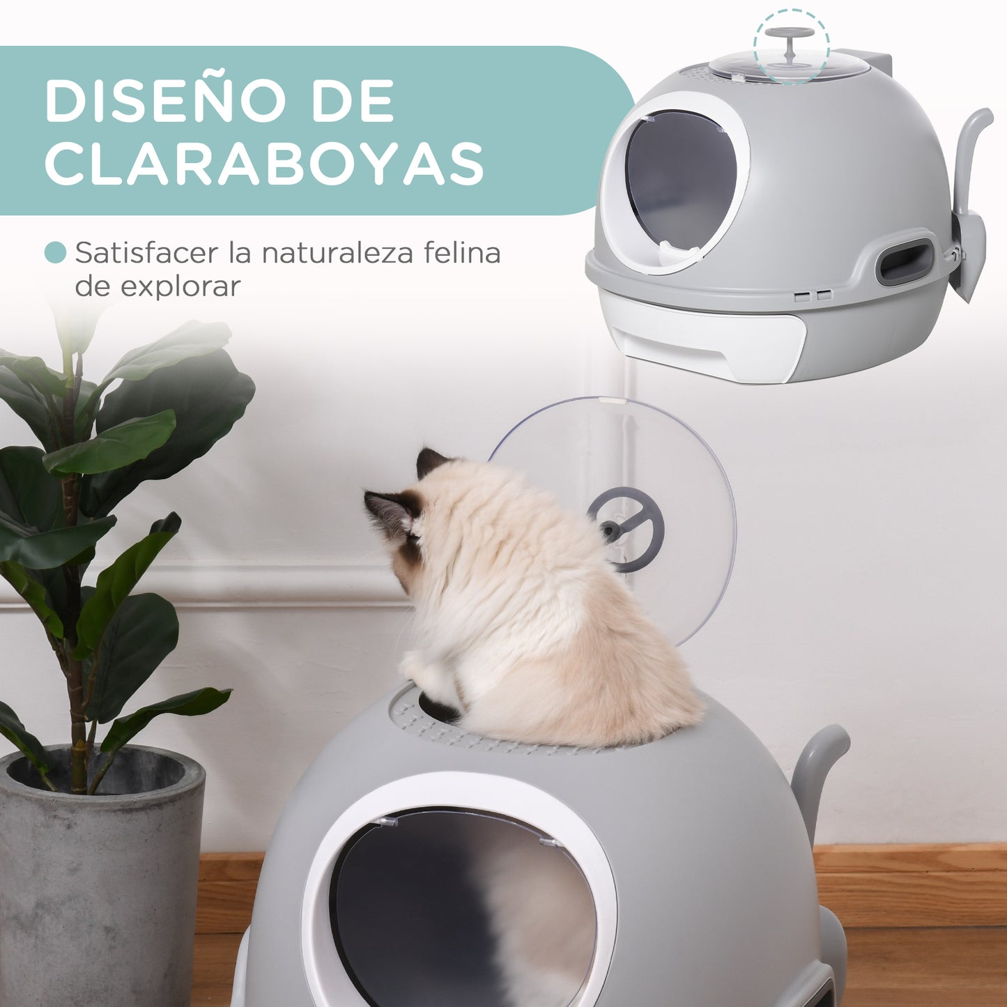 PawHut Caja de Arena para Gatos Arenero Cubierto con Cajón Arenero Cerrado para Gatos con Claraboya Abatible Bandeja Extraíble y Pala 47x55x44 cm Gris