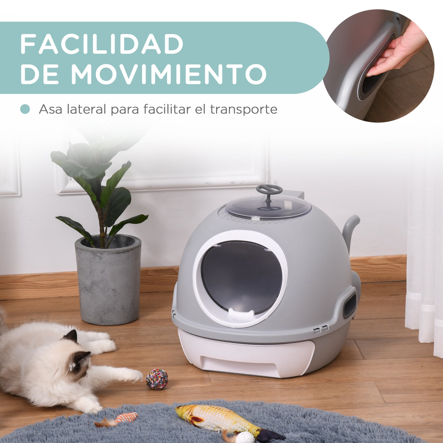 PawHut Caja de Arena para Gatos Arenero Cubierto con Cajón Arenero Cerrado para Gatos con Claraboya Abatible Bandeja Extraíble y Pala 47x55x44 cm Gris