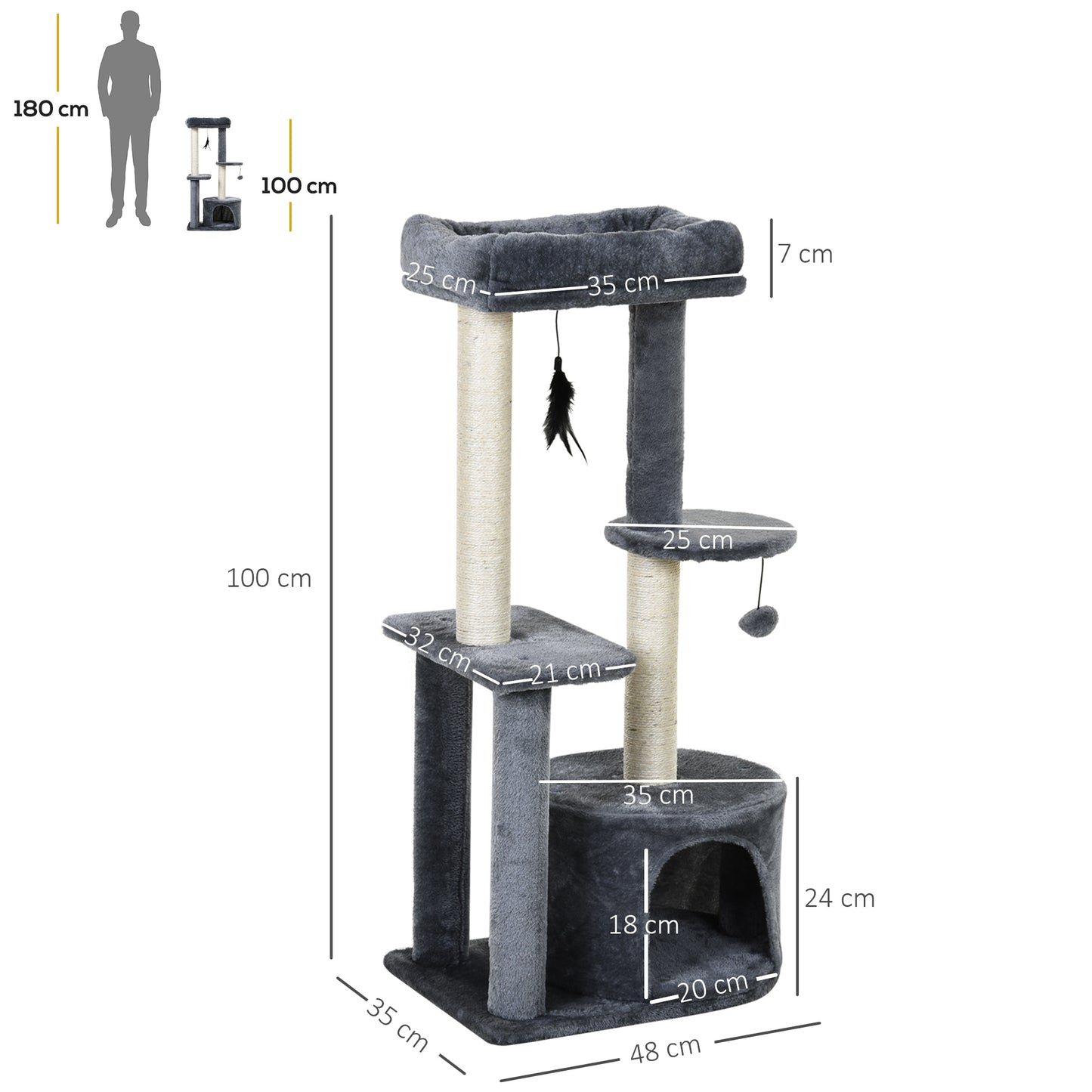 PawHut Árbol para Gatos 100 cm Torre de Gato con Postes para Rascar Cama Cueva Plataformas Bola y Pluma 48x35x100 cm Gris y Beige