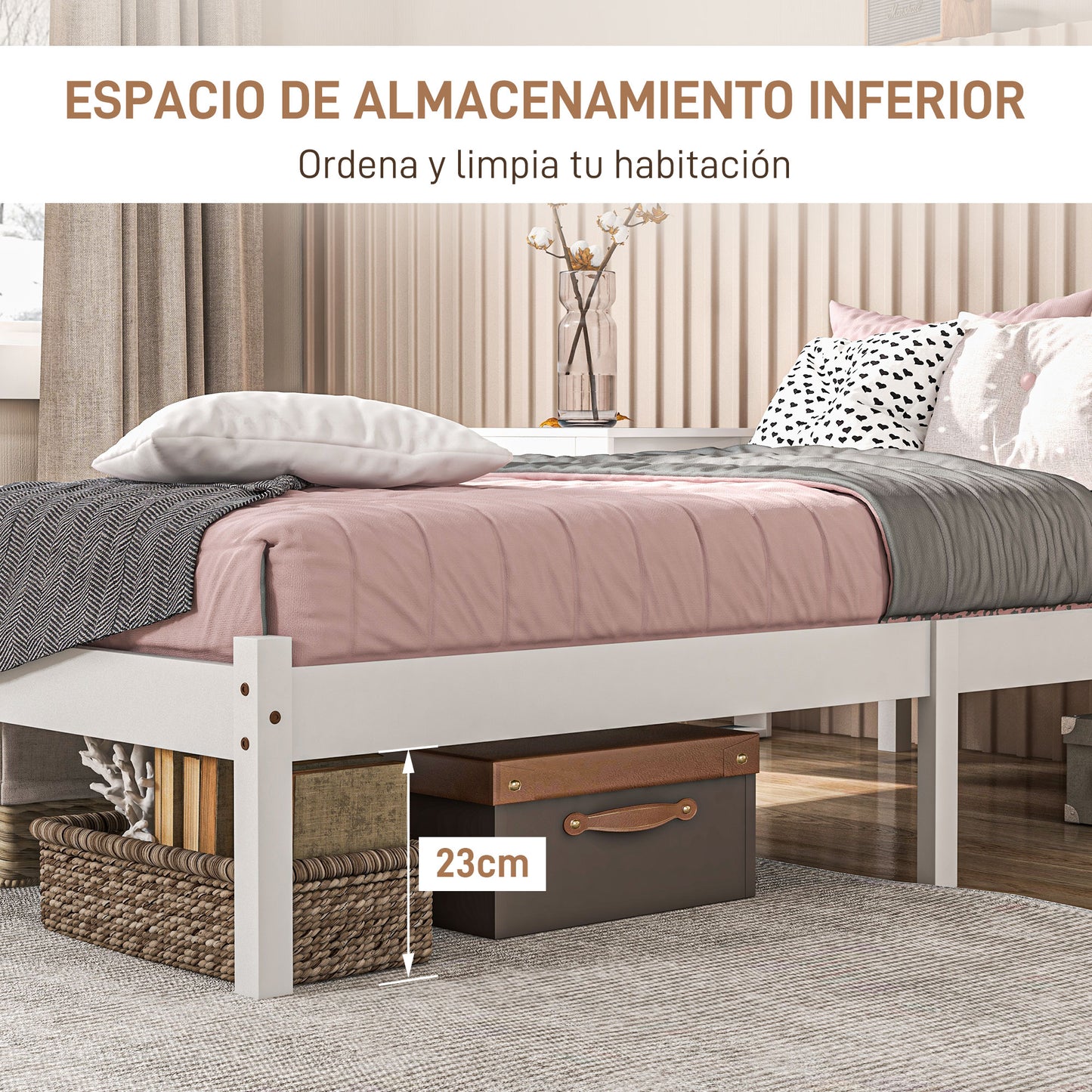 HOMCOM Marco de Cama de Madera Estructura de Cama Somier con Cabecera para Colchón de 90x190 cm (no incluido) Carga 120 kg 198x96x70 cm Blanco