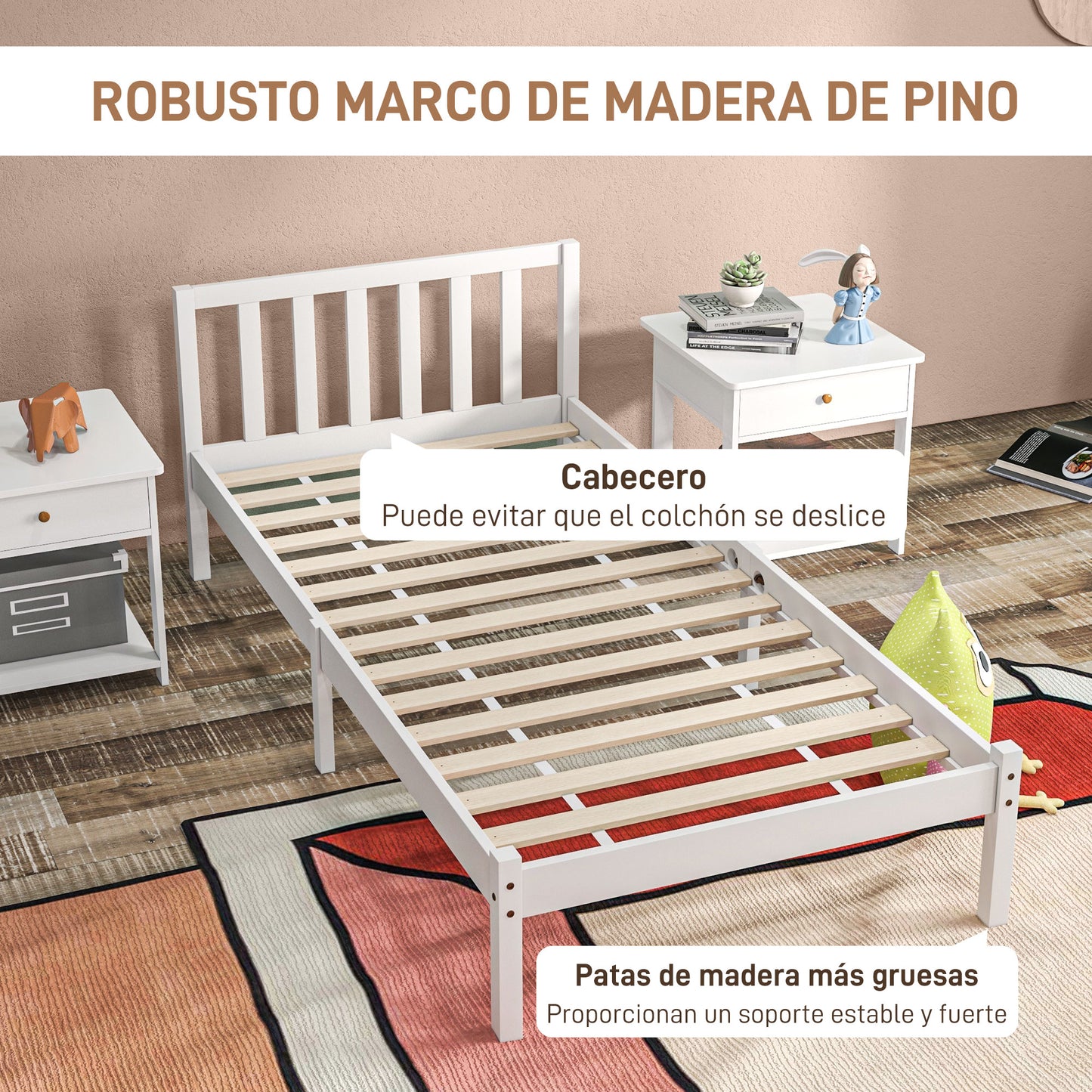 HOMCOM Marco de Cama de Madera Estructura de Cama Somier con Cabecera para Colchón de 90x190 cm (no incluido) Carga 120 kg 198x96x70 cm Blanco