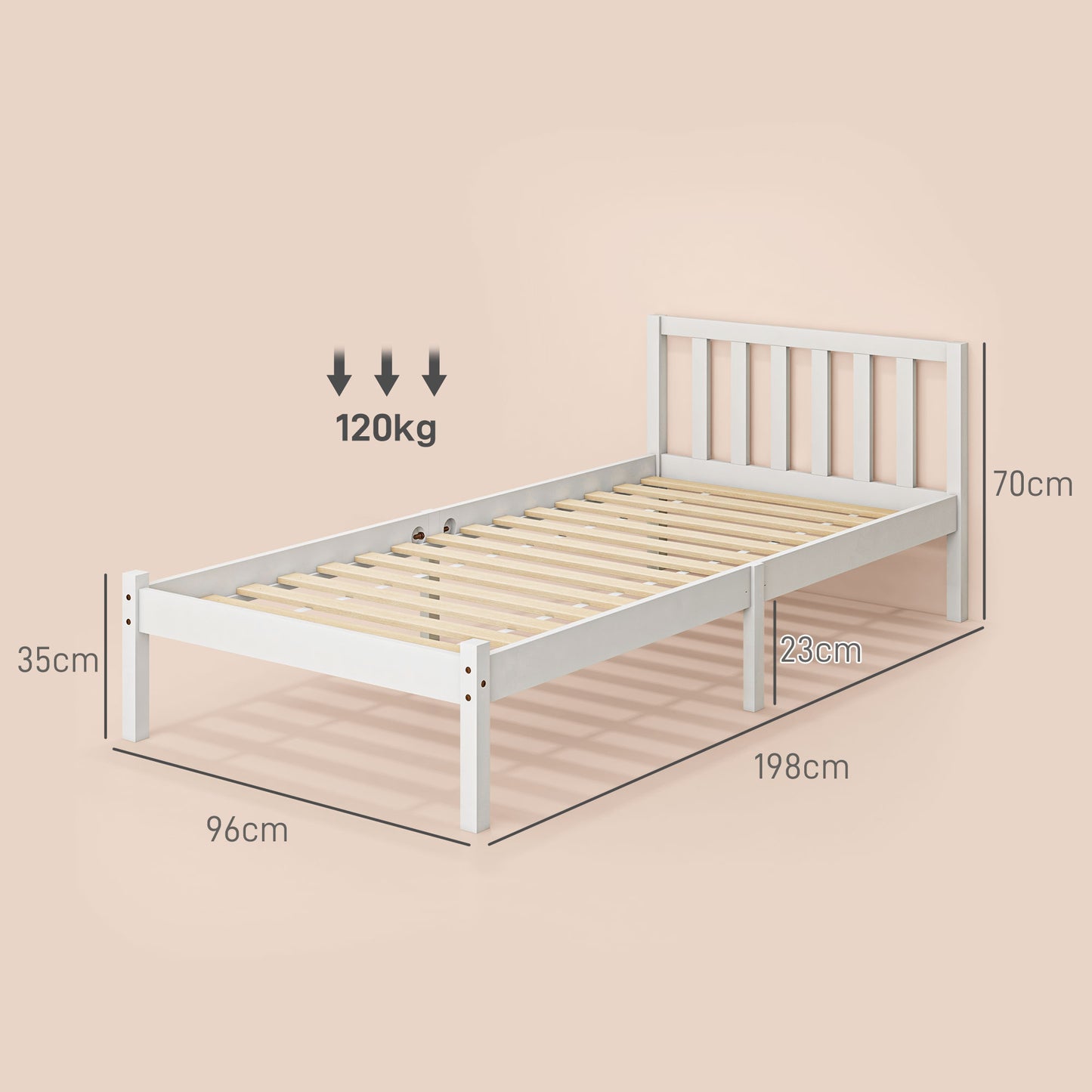 HOMCOM Marco de Cama de Madera Estructura de Cama Somier con Cabecera para Colchón de 90x190 cm (no incluido) Carga 120 kg 198x96x70 cm Blanco