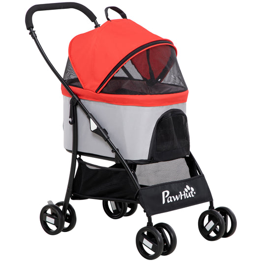 PawHut Carrito para Perros Plegable 3 en 1 Cochecito para Mascotas Carrito para Perros Pequeños con Vagón Desmontable Cesta de Almacenaje Correas de Seguridad y Cojín Rojo