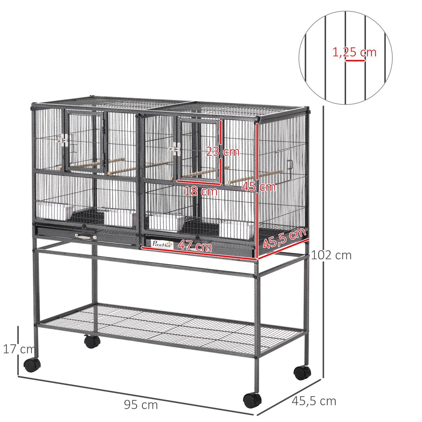 PawHut Jaula para Pájaros con Ruedas Pajarera Doble con 2 Bandejas Múltiples Puertas 4 Comederos 4 Perchas para Periquitos Agapornis Canarios 95x45,5x102 cm Gris