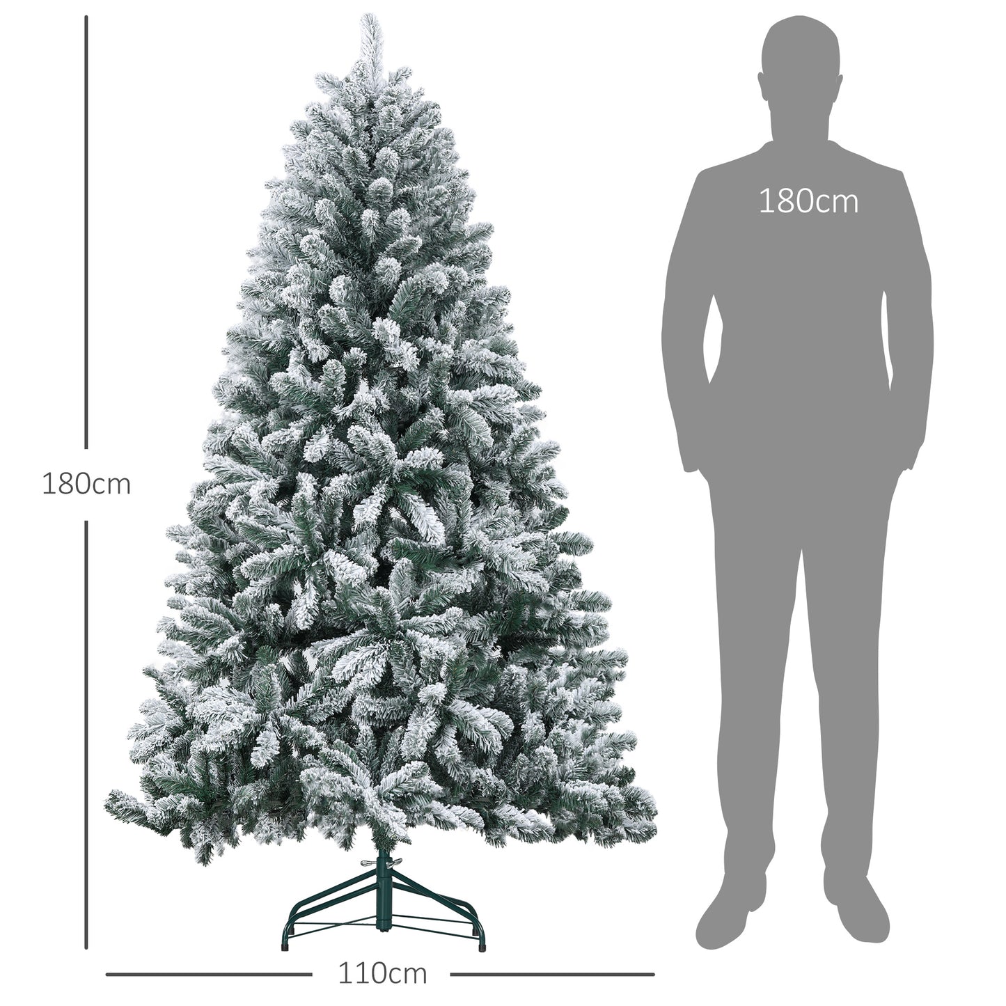 HOMCOM Árbol de Navidad 180 cm Árbol de Navidad Artificial Nevado con 796 Ramas y Soporte de Metal Árbol Navideño para Salón Interior Verde