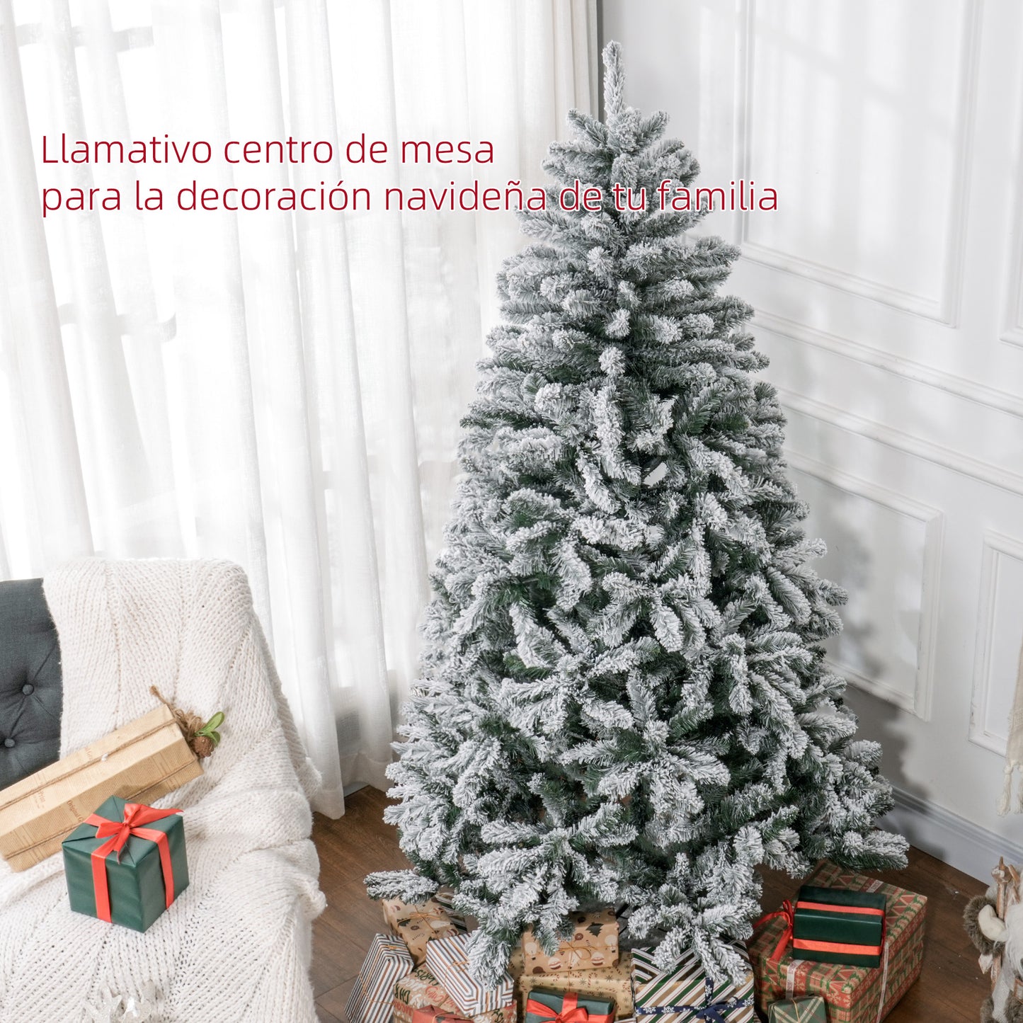 HOMCOM Árbol de Navidad 180 cm Árbol de Navidad Artificial Nevado con 796 Ramas y Soporte de Metal Árbol Navideño para Salón Interior Verde