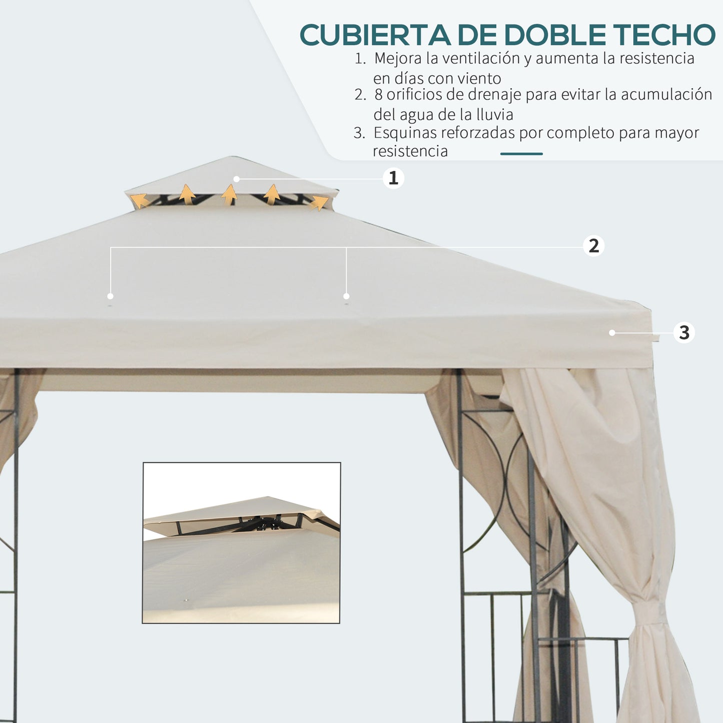 Outsunny Cenador de Jardín 3x3 m Pabellón para Exterior con Doble Techo de Ventilación y 4 Cortinas Laterales Extraíbles de Cremallera Gazebo para Terraza Patio Exterior Crema