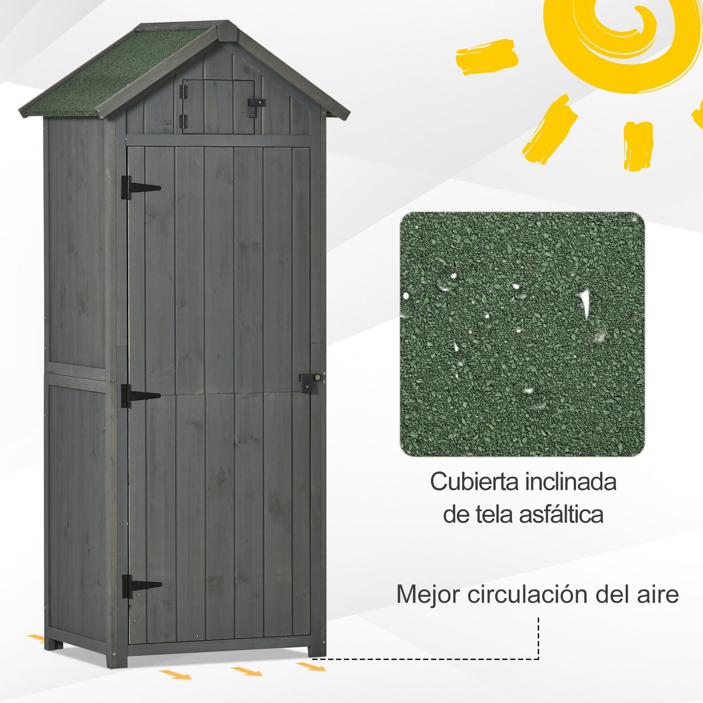 Outsunny Armario de Jardín de Madera 77x54,2x179 cm 0,3 m² Cobertizo para Almacenaje de Herramientas con 3 Estantes y 2 Puertas con Cerrojo para Patio Terraza Gris y Verde