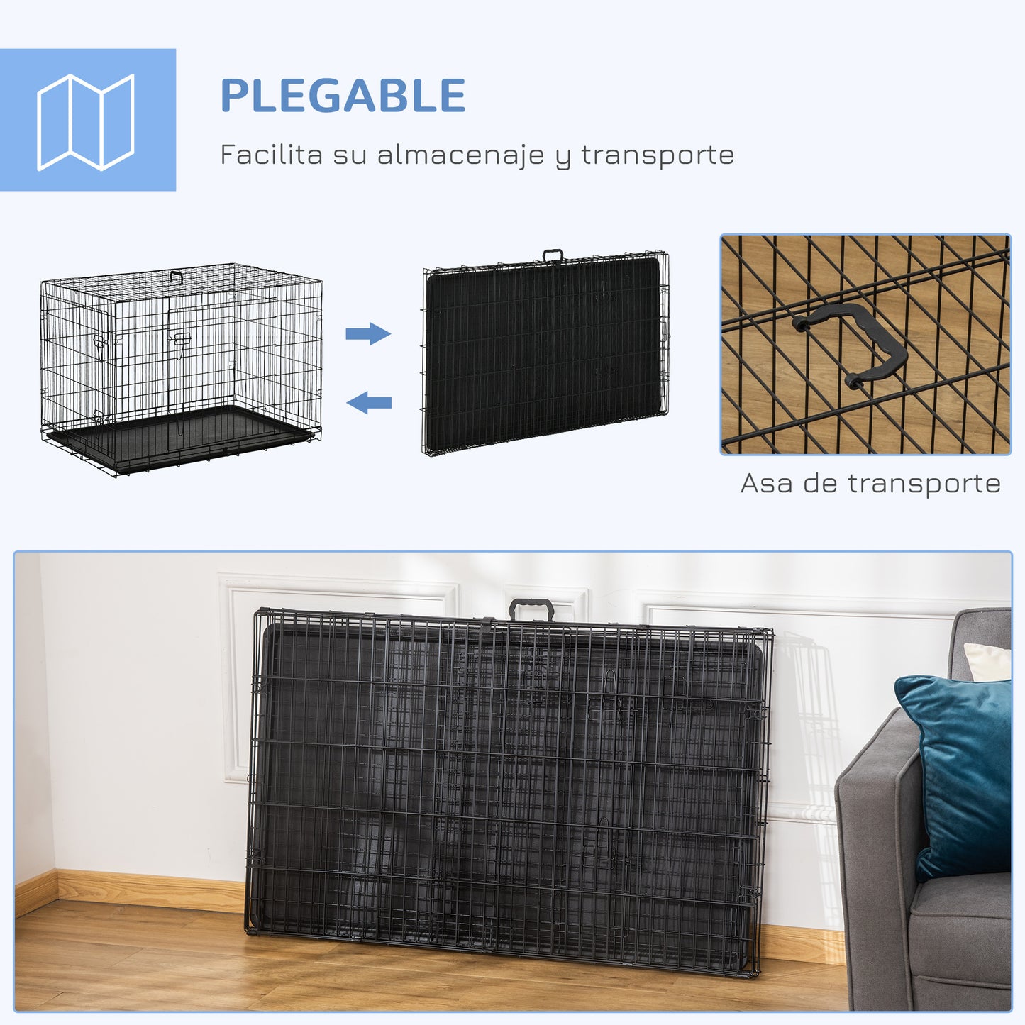 PawHut Jaula para Perros Plegable Transportín para Perros con 2 Puertas Bandeja Extraíble y Asa de Transporte 106x68x76 cm Negro