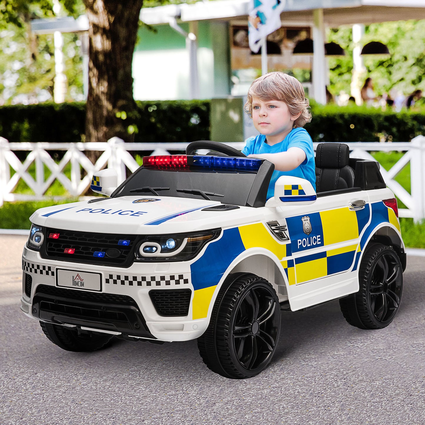 HOMCOM Coche Eléctrico para Niños de +3 Años Carro Eléctrico Infantil de Policía Coche de Batería 12V con Mando a Distancia Bluetooth Luz USB Sirena Blanco