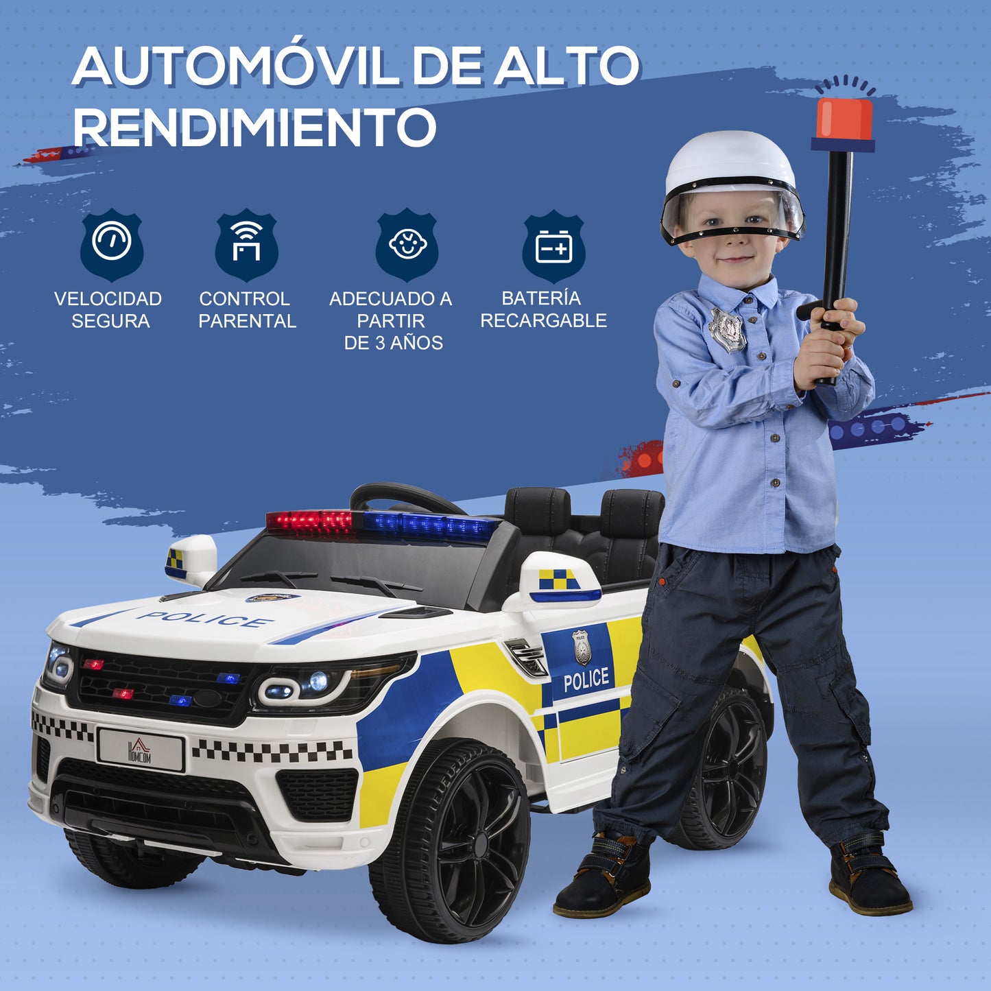 HOMCOM Coche Eléctrico para Niños de +3 Años Carro Eléctrico Infantil de Policía Coche de Batería 12V con Mando a Distancia Bluetooth Luz USB Sirena Blanco