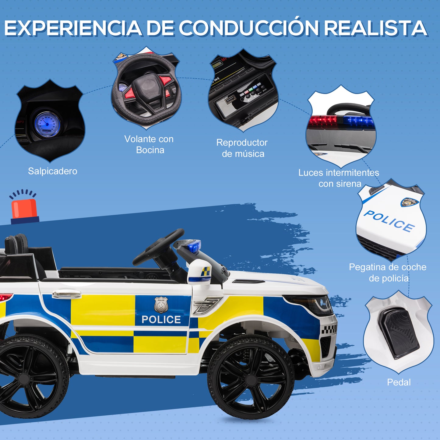 HOMCOM Coche Eléctrico para Niños de +3 Años Carro Eléctrico Infantil de Policía Coche de Batería 12V con Mando a Distancia Bluetooth Luz USB Sirena Blanco