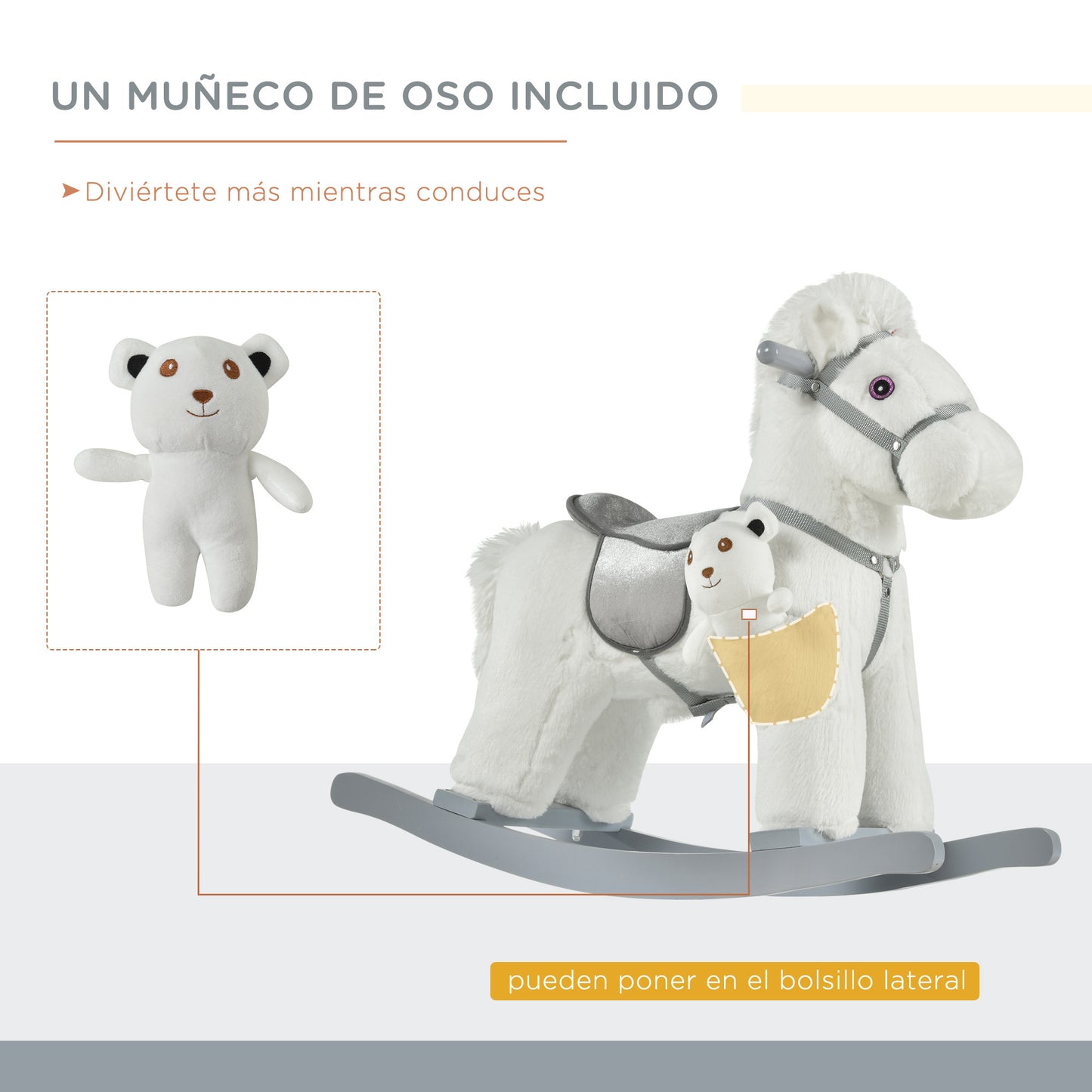 HOMCOM Caballito Balancín con Felpa con Osito de Peluche para Niños 18-36 Meses Caballo Mecedora Sonidos de Relincho y Galope Base de Madera Asiento 35 cm Carga 30 kg 65x26x55 cm Blanco