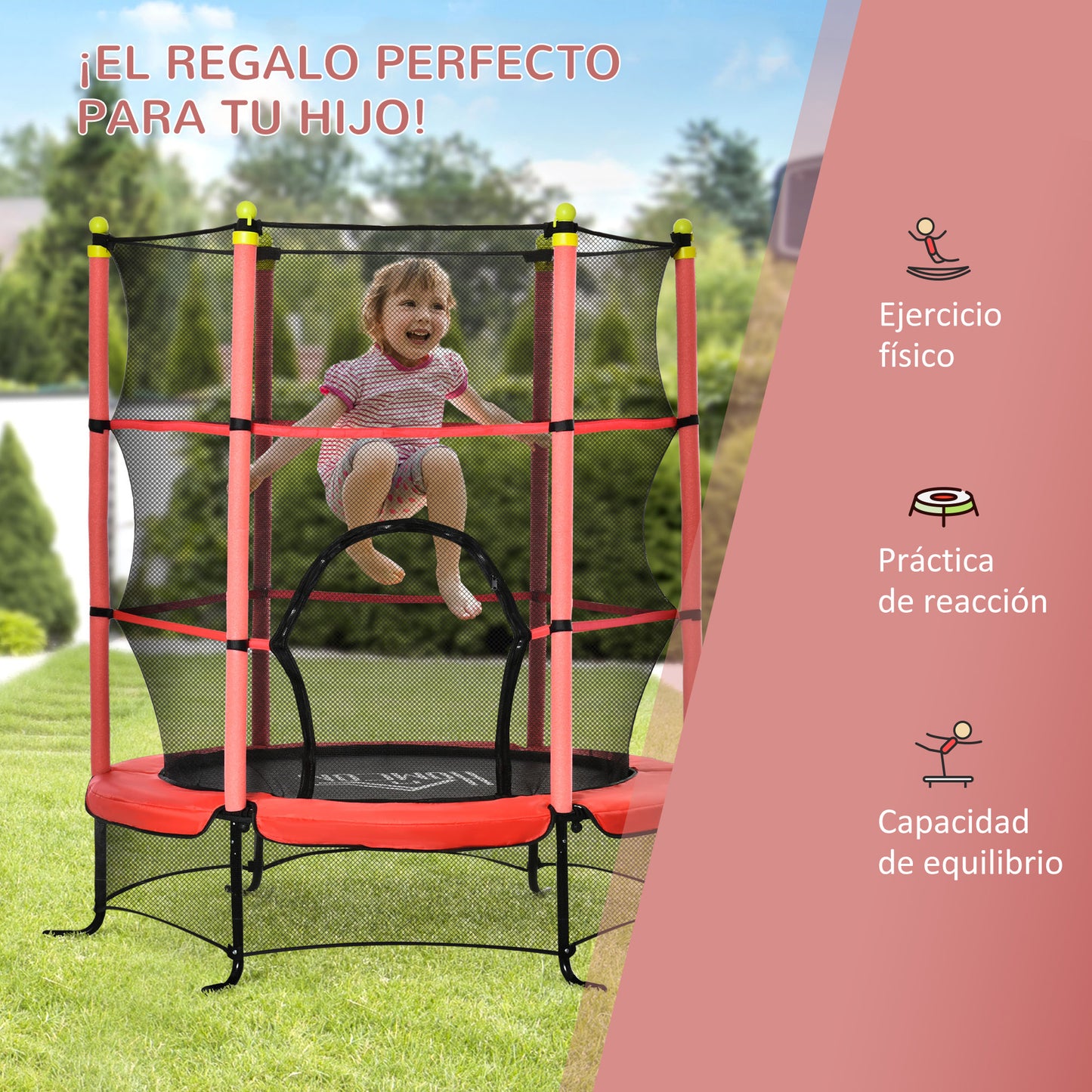 HOMCOM Cama Elástica Infantil Trampolín para Niños +3 Años Ø163x163 cm Red de Seguridad y Cubierta Protectora Carga 50 kg para Interior Exterior Rojo