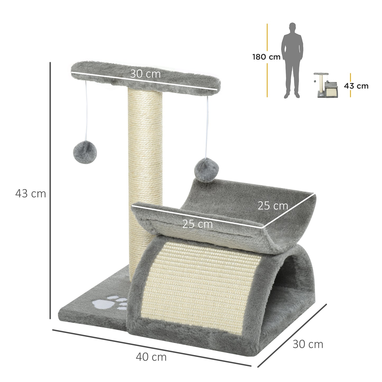 PawHut Árbol Rascador para Gatos Pequeños 43 cm Torre para Gatos con Poste Giratorio con Bolas de Juego Plataforma y Caseta 40x30x43 cm Gris