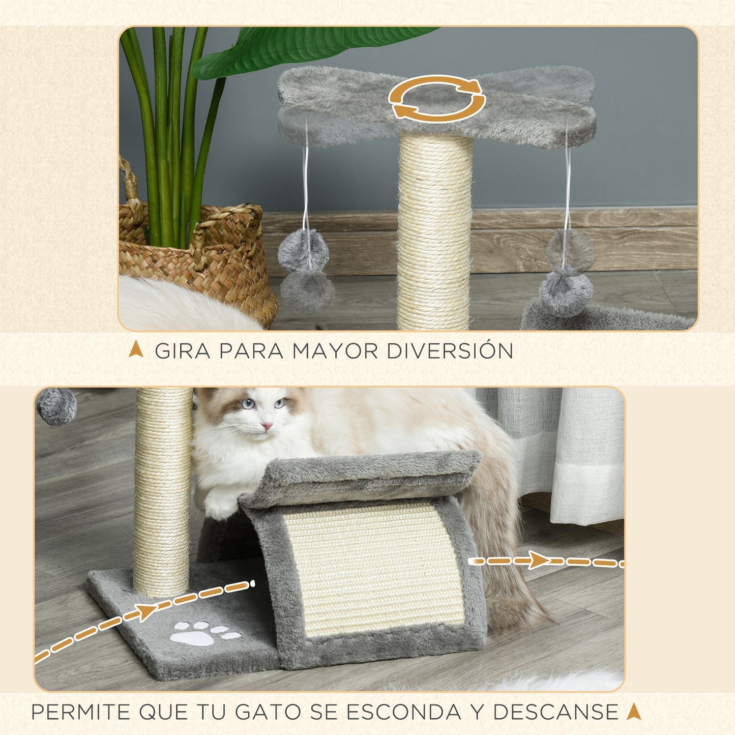 PawHut Árbol Rascador para Gatos Pequeños 43 cm Torre para Gatos con Poste Giratorio con Bolas de Juego Plataforma y Caseta 40x30x43 cm Gris