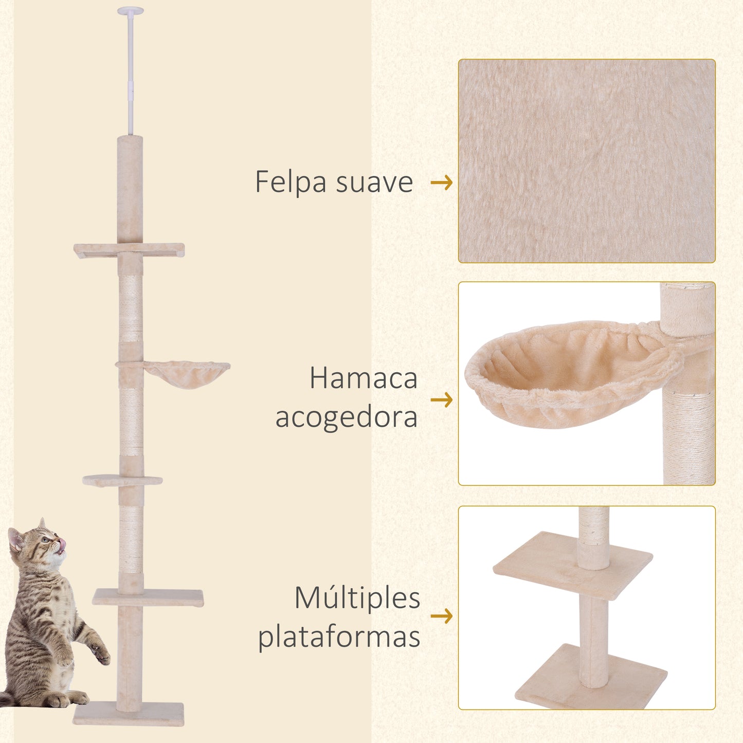 PawHut Árbol para Gatos de Suelo a Techo de 230-260 cm Torre para Gatos con Altura Ajustable Plataformas Hamaca y Postes de Sisal Beige