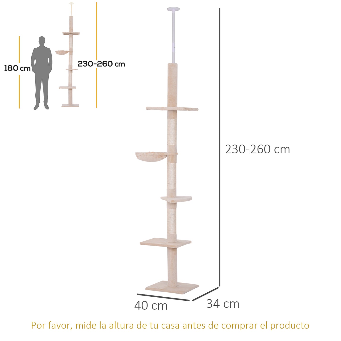 PawHut Árbol para Gatos de Suelo a Techo de 230-260 cm Torre para Gatos con Altura Ajustable Plataformas Hamaca y Postes de Sisal Beige