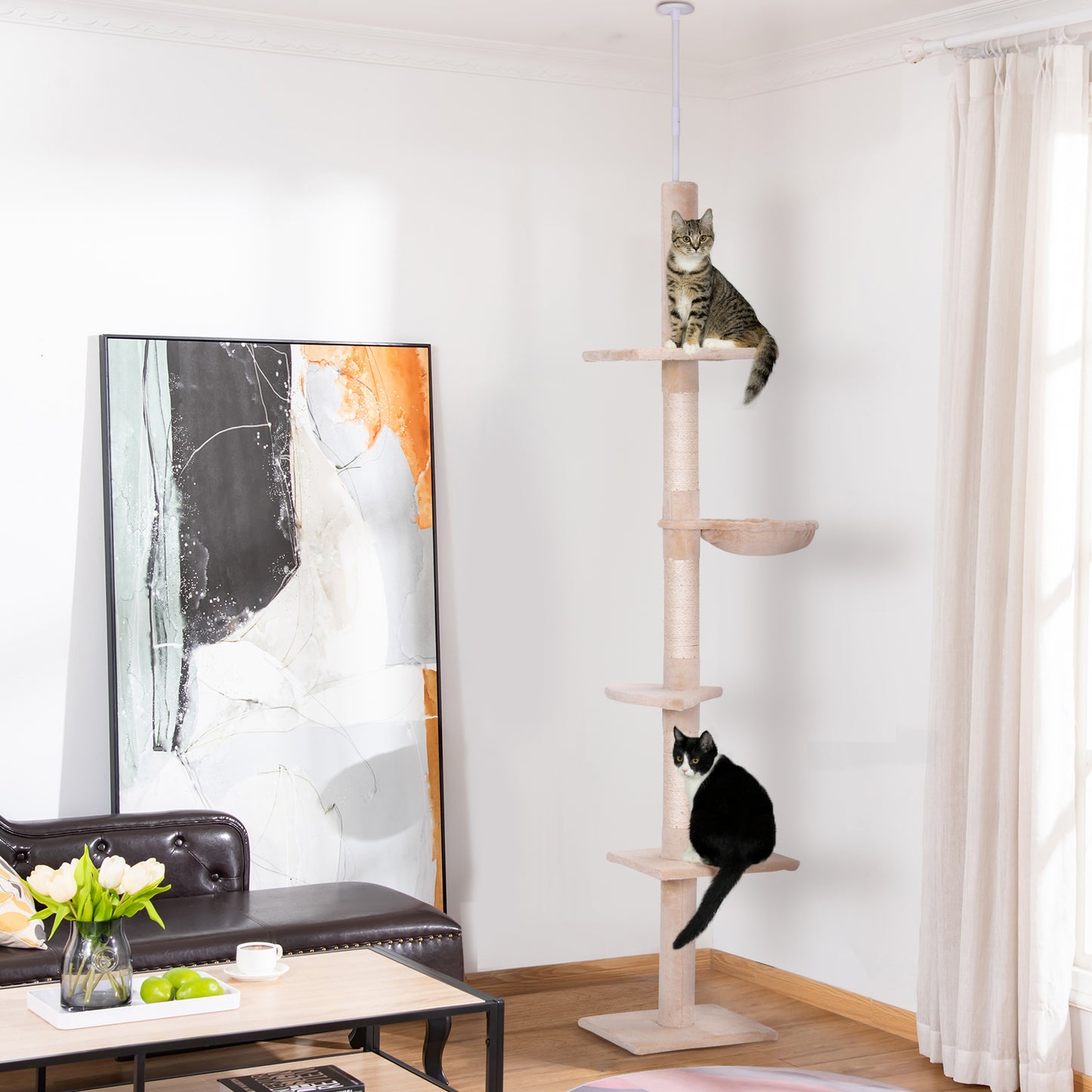 PawHut Árbol para Gatos de Suelo a Techo de 230-260 cm Torre para Gatos con Altura Ajustable Plataformas Hamaca y Postes de Sisal Beige