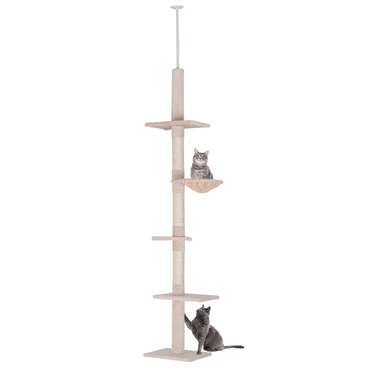 PawHut Árbol para Gatos de Suelo a Techo de 230-260 cm Torre para Gatos con Altura Ajustable Plataformas Hamaca y Postes de Sisal Beige