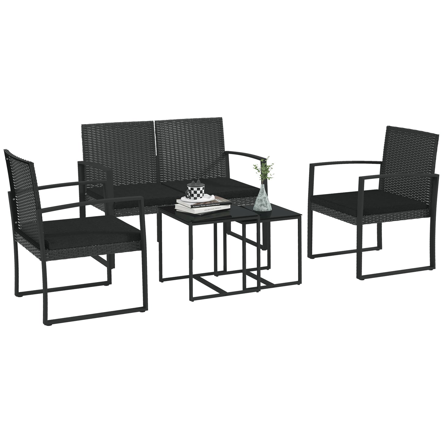 Outsunny Conjunto de Muebles de Jardín de Ratán Sintético Juego de Sofás Exterior de 5 Piezas con 2 Sofás Individuales 1 Sofá Doble y 2 Mesas de Centro para Patio Terraza Negro