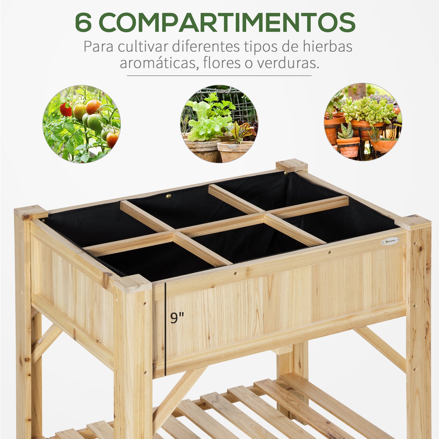 Outsunny Huerto Urbano de Madera 78,5x58x81 cm Mesa de Cultivo con 6 Compartimentos y Estante Inferior para Plantas Flores en Jardín Terraza Exterior Color Natural