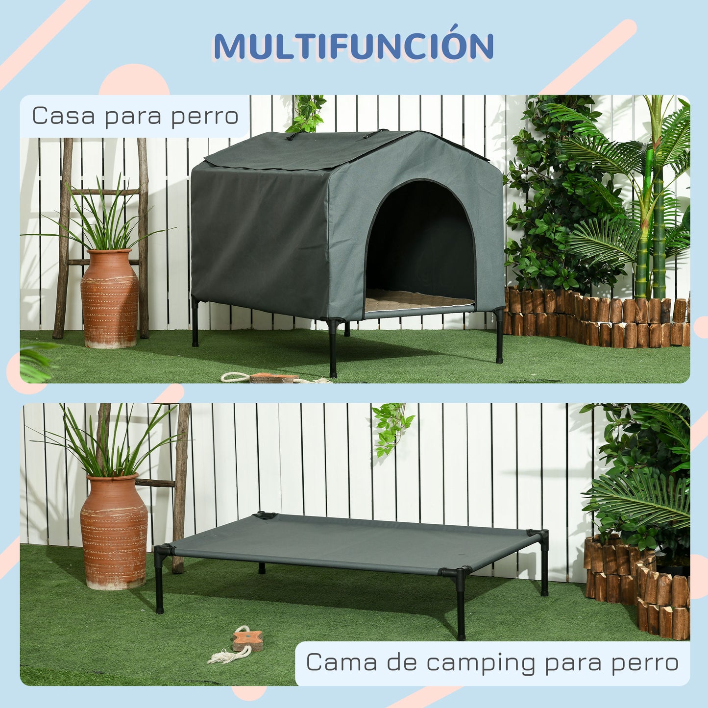 PawHut Caseta para Perros con Cubierta Exterior 110x75x87 cm Cama Elevada para Mascotas con Cojín y Ventanas de Malla Enrollable para Perros Grandes Gris