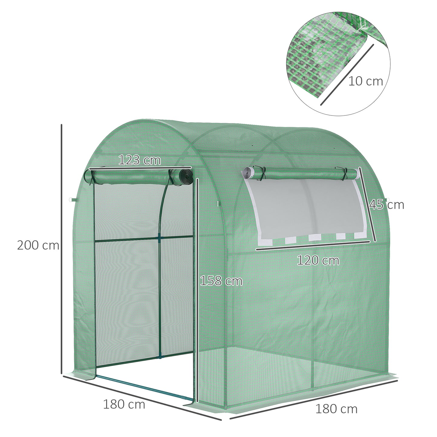 Outsunny Invernadero de Jardín 180x180x200 cm Invernadero de Túnel Pequeño con Puerta Enrollable y Ventana de Malla para Cultivar Plantas Flores Verde