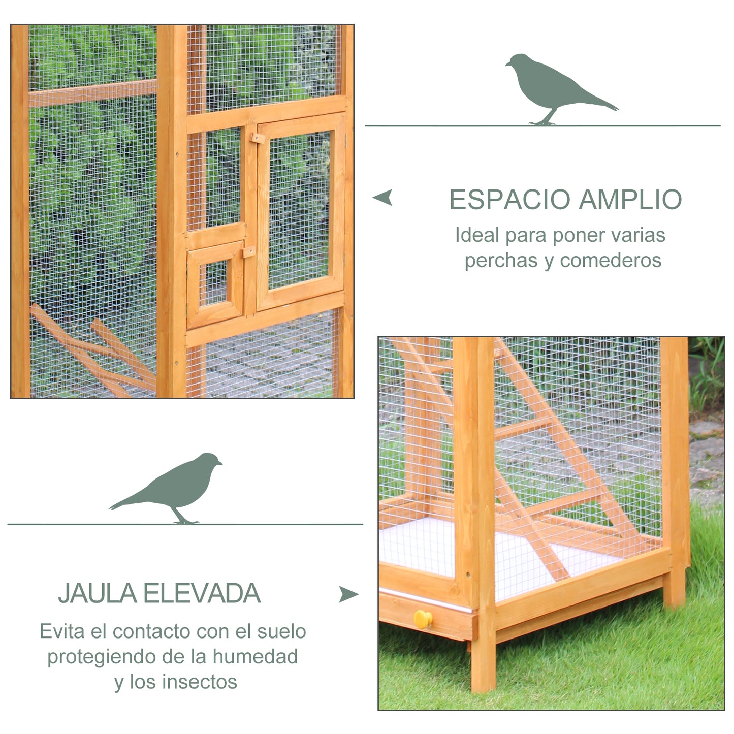 PawHut Jaula para Pájaros Grande 68x63x165 cm Pajarera de Madera de Abeto con 2 Puertas Bandeja Extraíble y Techo Asfáltico Madera