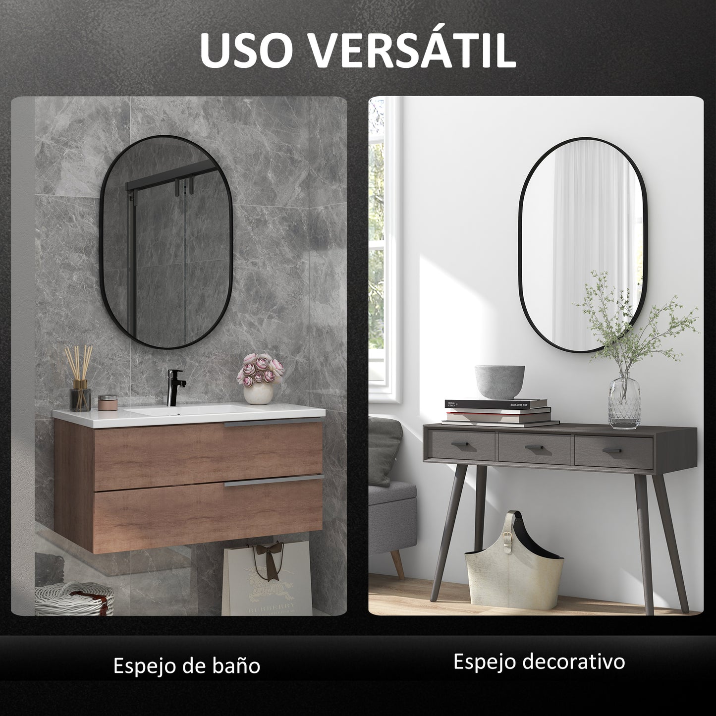 HOMCOM Espejo de Baño 60x90 cm Espejo de Pared Espejo Decorativo con Marco de Aluminio y Gancho Fácil Instalación para Salón Entrada Pasillo Negro