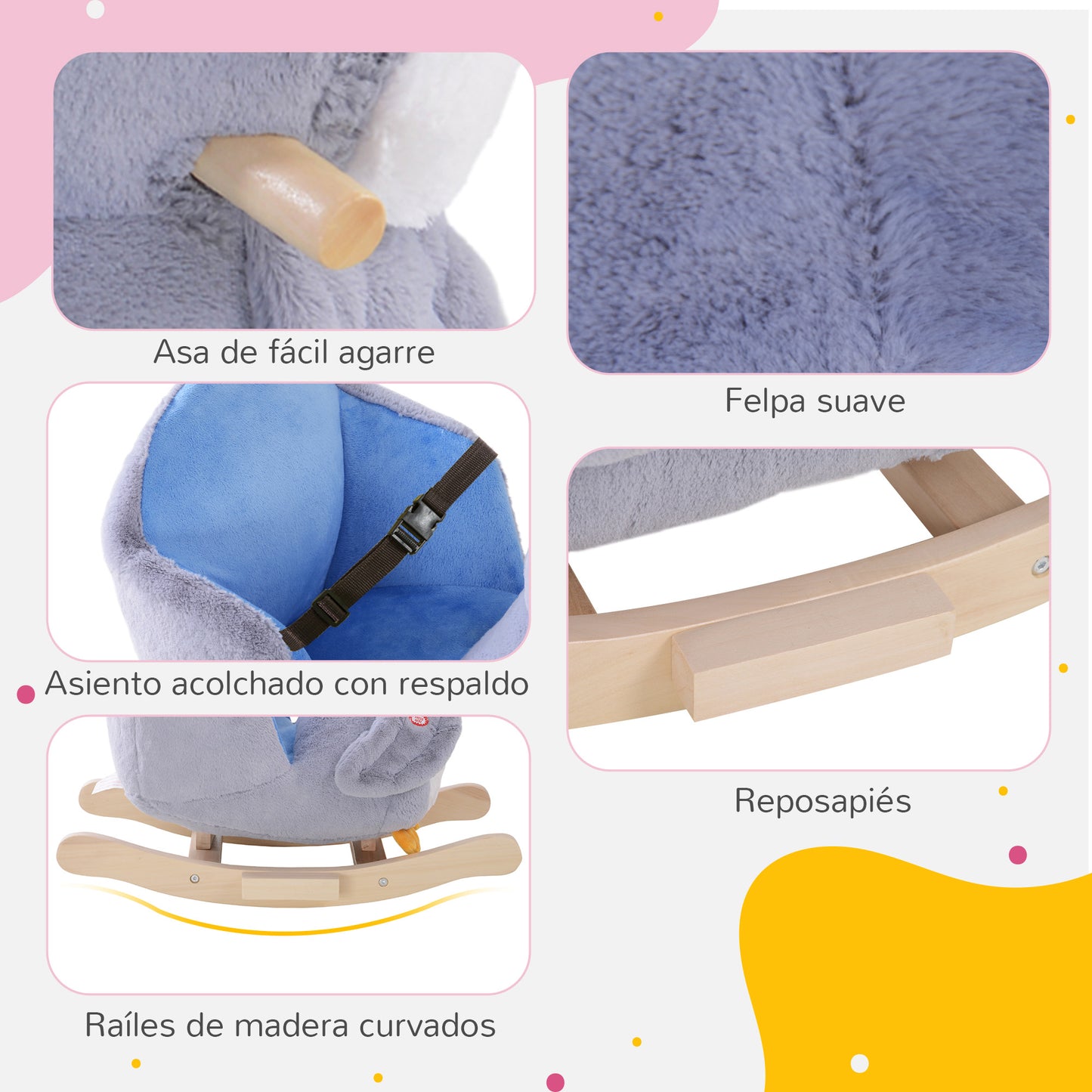 HOMCOM Caballito Balancín para Bebés de +18 Meses Forma de Pingüino Caballo Balancín de Madera con Músicas Asas y Cinturón de Seguridad Carga 40 kg 60x33x50 cm Gris