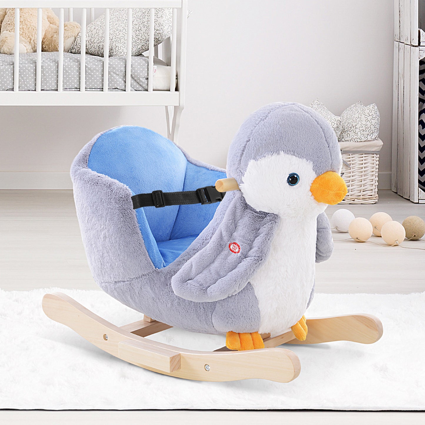 HOMCOM Caballito Balancín para Bebés de +18 Meses Forma de Pingüino Caballo Balancín de Madera con Músicas Asas y Cinturón de Seguridad Carga 40 kg 60x33x50 cm Gris