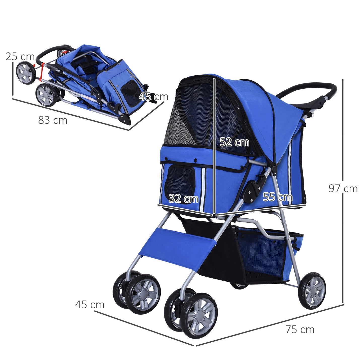 PawHut Carrito para Perros Plegable Cochecito para Mascotas Carrito para Perros Pequeños con Toldo Ajustable Cesta de Almacenaje Ventanas de Malla Portavasos y 2 Ruedas 75x45x97 cm Azul