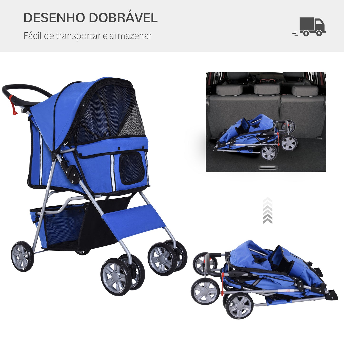 PawHut Carrito para Perros Plegable Cochecito para Mascotas Carrito para Perros Pequeños con Toldo Ajustable Cesta de Almacenaje Ventanas de Malla Portavasos y 2 Ruedas 75x45x97 cm Azul