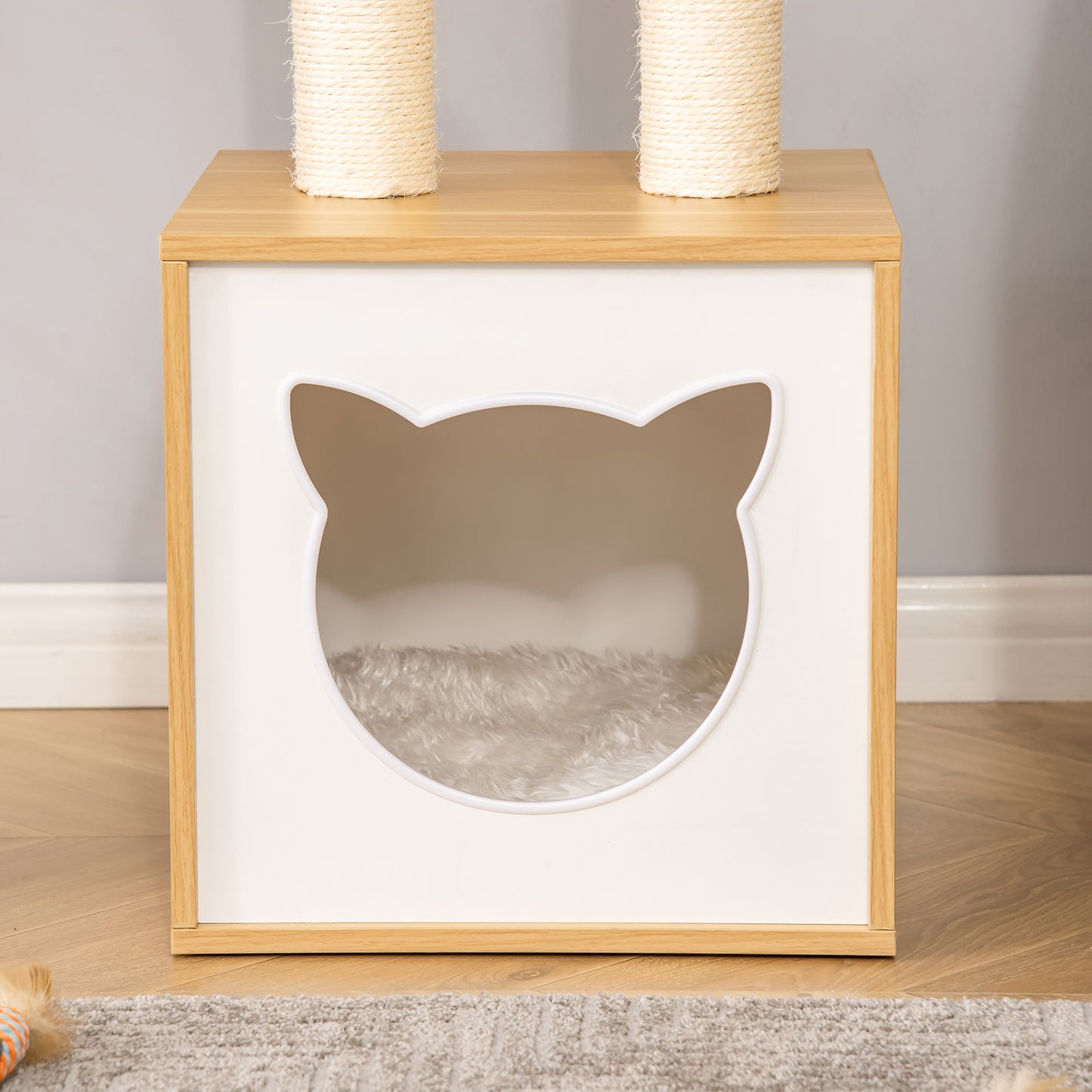 PawHut Conjunto para Gatos Juego de Casa para Gatos de 2 Niveles con Cama Superior Cojines Lavables y Estantes para Gatos 3 Piezas de Pared con Hamaca 35x35x81 cm Roble