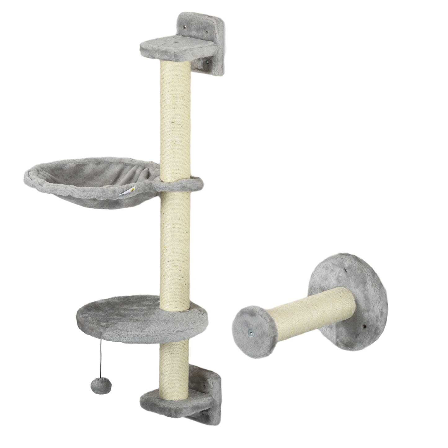 PawHut Estante de Escalada para Gatos de Pared Juego de Estantes para Gatos 4 Piezas con Hamaca Bola Plataformas para Saltar Poste de Sisal y Escalera 84,5x19x54 cm Gris y Beige