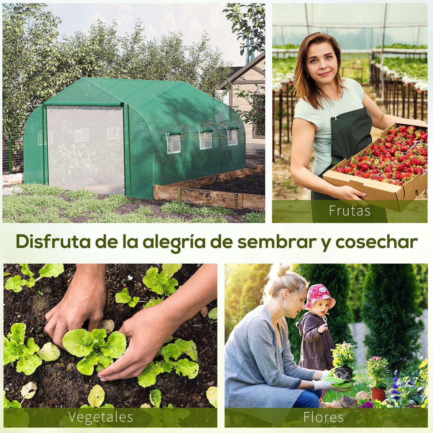 Outsunny Invernadero de Túnel 3,5x3x2 m Invernadero de Jardín con Puerta y 6 Ventanas Enrollables de Polietileno PE 140 g/m² Metal Galvanizado para Cultivos Plantas Flores Verde