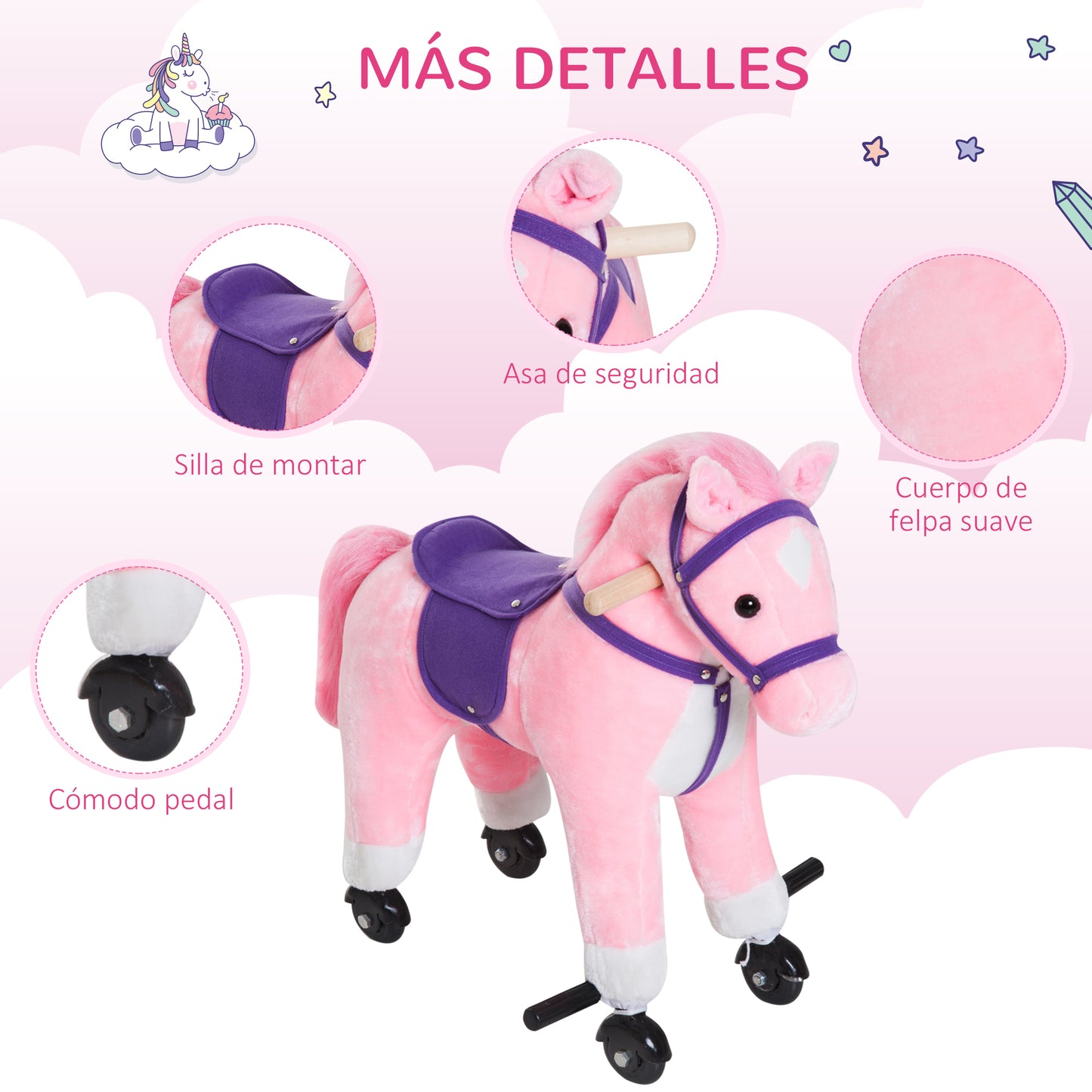 HOMCOM Caballito para Bebes de +36 Meses Caballo con Ruedas Sonidos de Relincho Palos y Pedales Carga 60 kg 55x23x60 cm Rosa