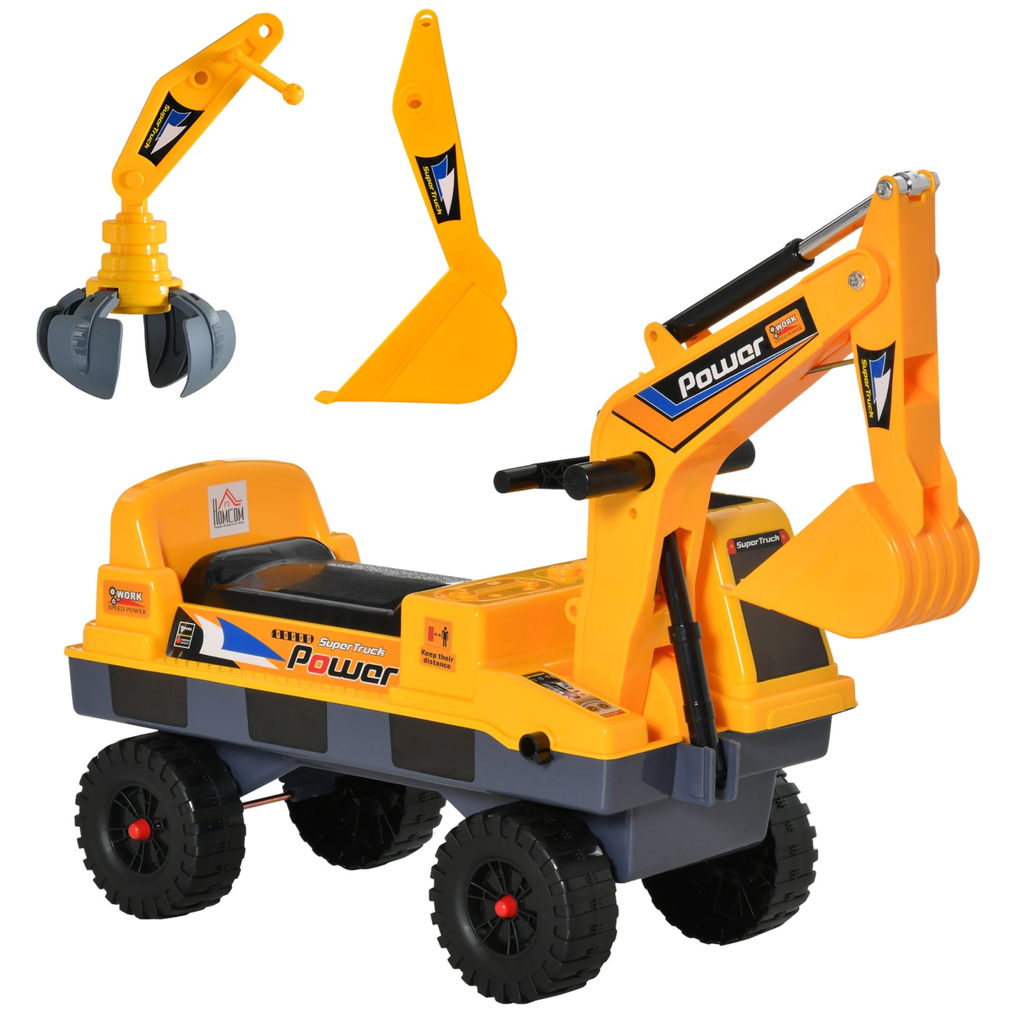 HOMCOM Tractor sin Pedales para Niños de 2-3 Años Excavadora Correpasillos con Pala Delantera Luces Música y Espacio de Alamcenaje Oculto 90x28x58 cm Amarillo