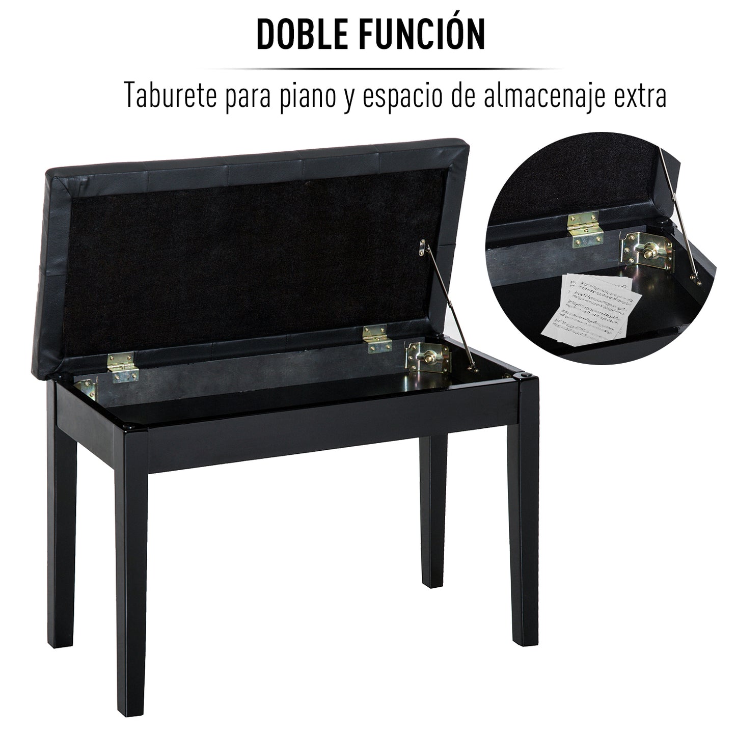 HOMCOM Taburete de Piano Banco de Teclado con Espacio de Almacenamiento Bajo del Asiento de Cuero Sintético 75x35x50 cm Negro