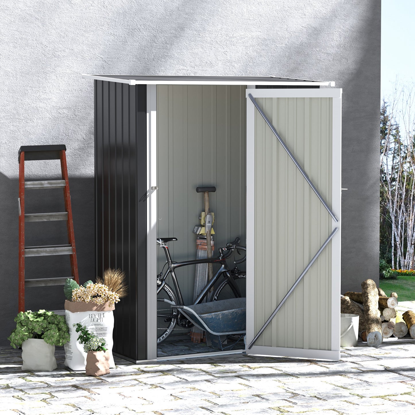 Outsunny Caseta de Jardín 1,07 m² 142x84x189 cm Cobertizo Exterior Metálico con Puerta Cerradura y Orificios de Drenaje para Almacenamiento de Herramientas Gris