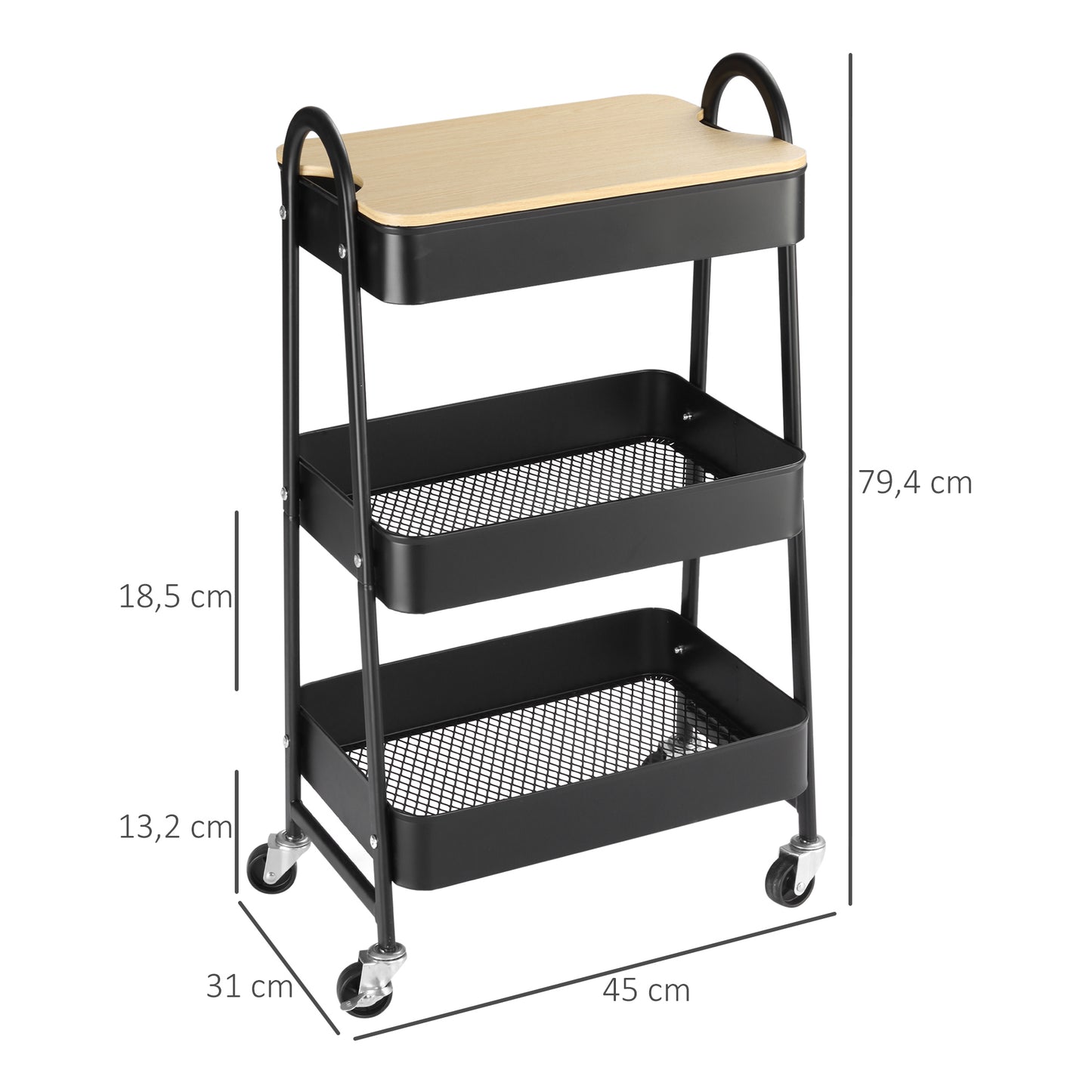 HOMCOM Carrito Auxiliar con Ruedas de 3 Niveles Carrito de Cocina con 3 Cestas de Acero y 1 Placa de Cubierta para Comedor Sala Baño 45x31x79,4 cm Negro