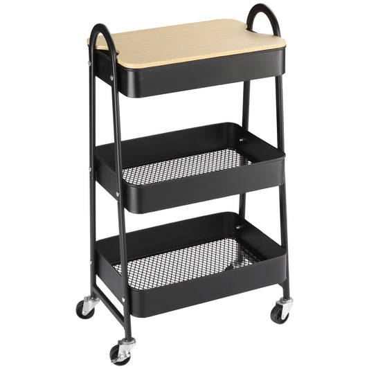 HOMCOM Carrito Auxiliar con Ruedas de 3 Niveles Carrito de Cocina con 3 Cestas de Acero y 1 Placa de Cubierta para Comedor Sala Baño 45x31x79,4 cm Negro