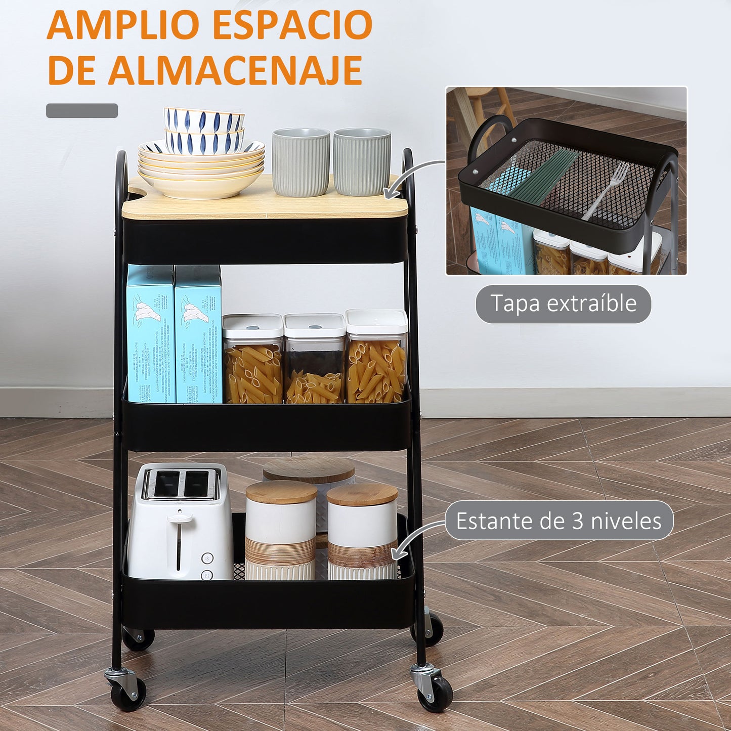 HOMCOM Carrito Auxiliar con Ruedas de 3 Niveles Carrito de Cocina con 3 Cestas de Acero y 1 Placa de Cubierta para Comedor Sala Baño 45x31x79,4 cm Negro