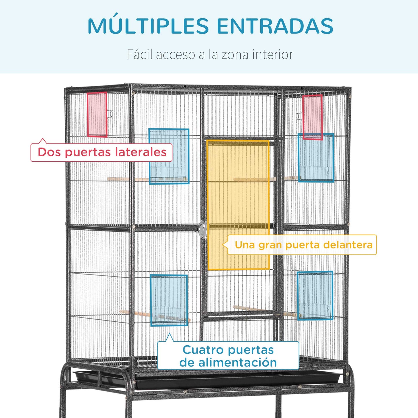 PawHut Jaula para Pájaros con Ruedas 81x48x162,5 cm Pajarera Metálico con Bandeja 4 Perchas 4 Comederos y Estante de Almacenamiento para Periquitos Canarios Negro y Gris