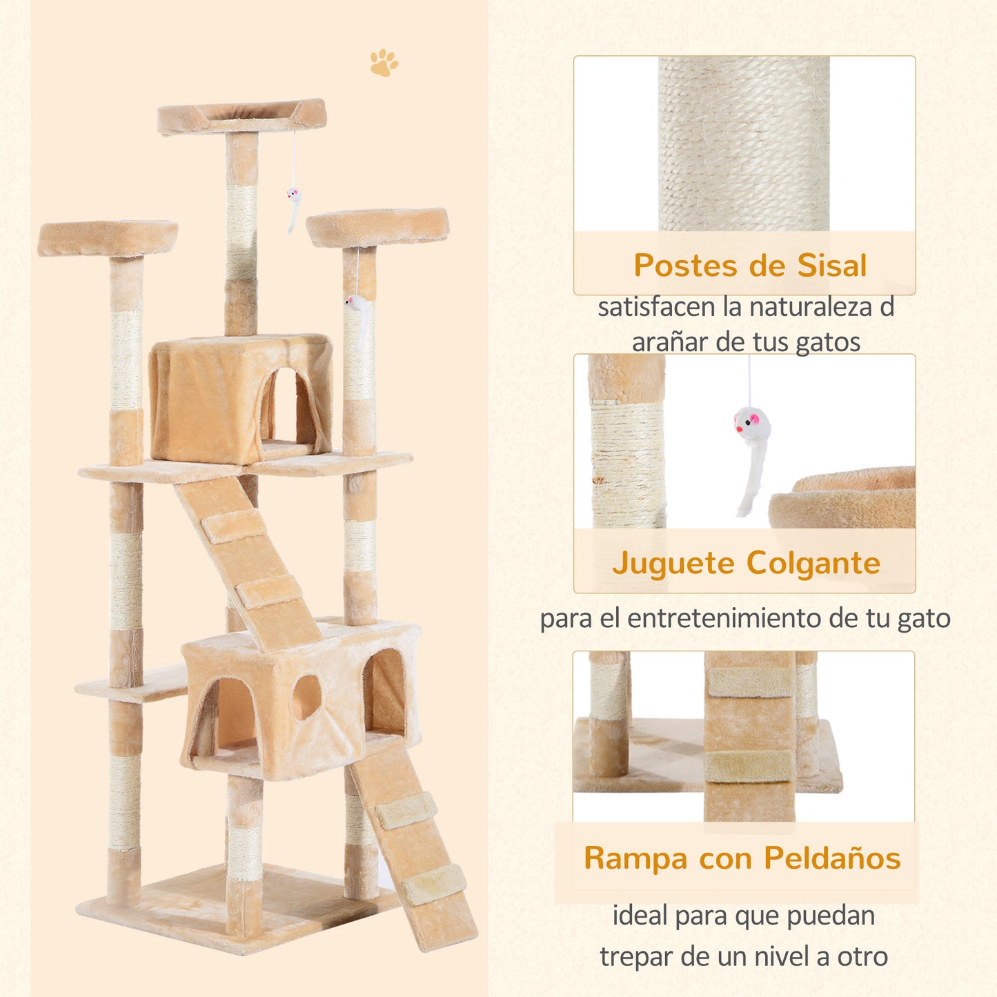 PawHut Árbol Rascador para Gatos Grande 49x49x173 cm con Múltiples Niveles con Cuevas Escaleras Juguetes Colgantes Camas Centro Actividades Sisal Beige