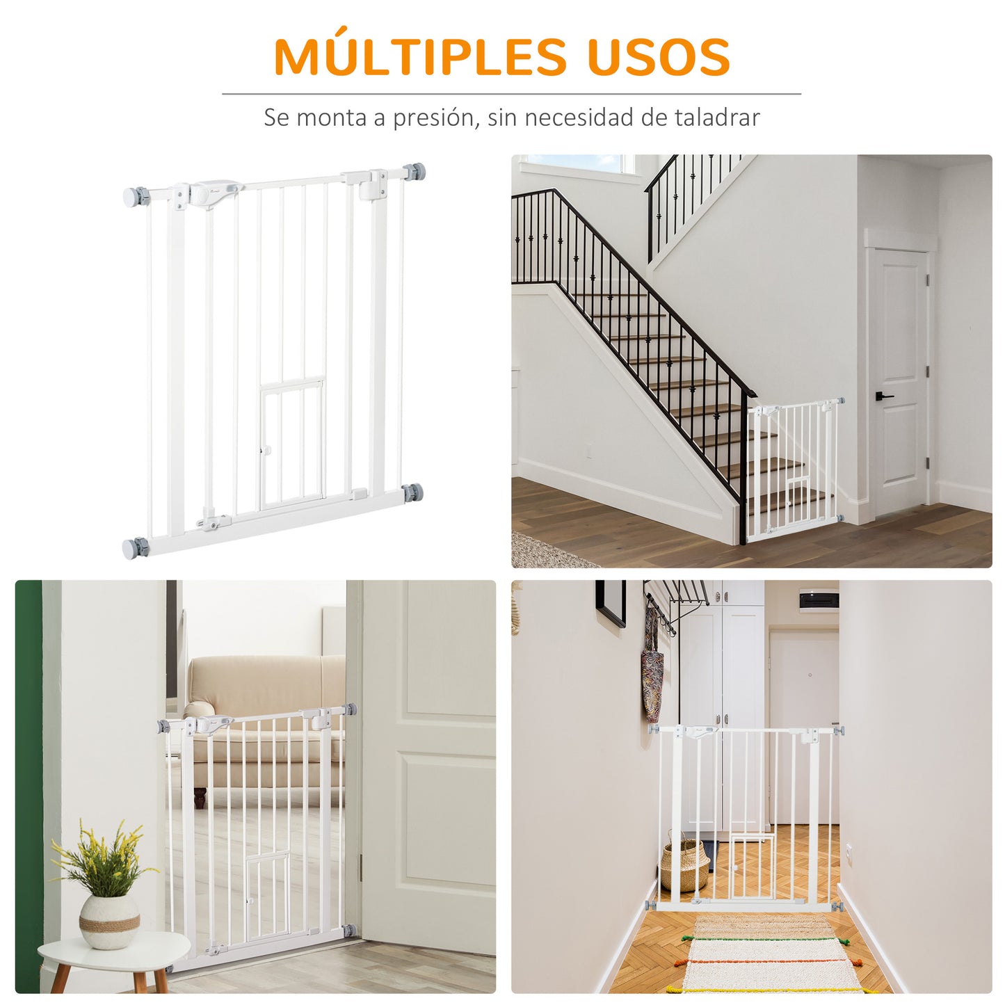 PawHut Barrera de Seguridad para Perros Barrera para Mascotas Extensible con Puerta Pequeño Cierre Automático y Sistema de Doble Bloqueo para Puerta Pasillo Escalera 74-80x76,2 cm Blanco