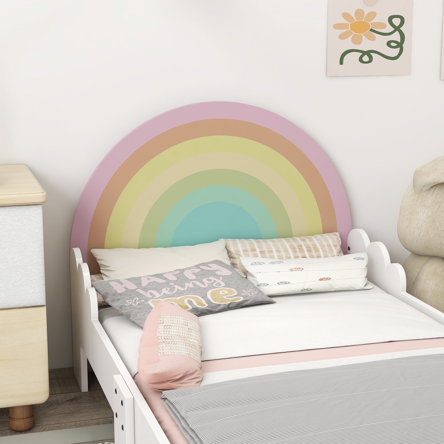 ZONEKIZ Cama para Niños de 3-6 Años 143x74x66 cm Cama Infantil de Madera en Forma de Arcoíris Mueble de Dormitorio Moderno Carga 80 kg Rosa