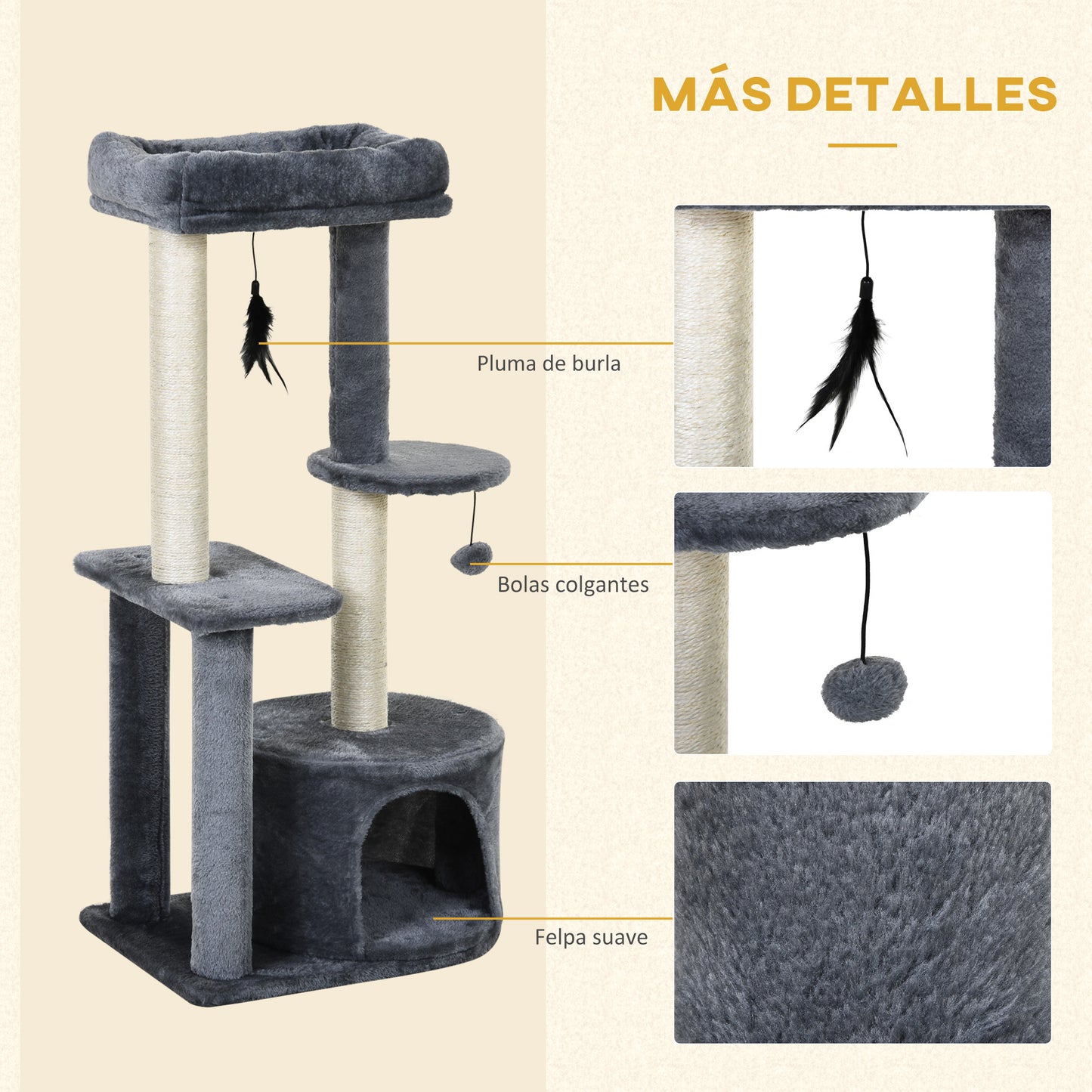 PawHut Árbol para Gatos 100 cm Torre de Gato con Postes para Rascar Cama Cueva Plataformas Bola y Pluma 48x35x100 cm Gris y Beige