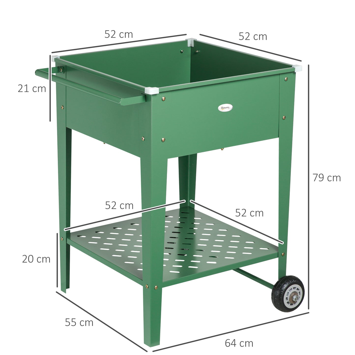 Outsunny Huerto Urbano Elevado con Ruedas Jardinera Exterior de Acero Galvanizado 64x55x79 cm con Estante y Asa Lateral para Cultivo Plantas Flores Verduras Verde